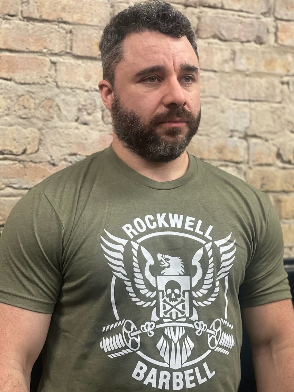 Rockwell Barbell Eagle Logo Shirt (White on Military Green)
