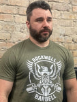 Rockwell Barbell Eagle Logo Shirt (White on Military Green)