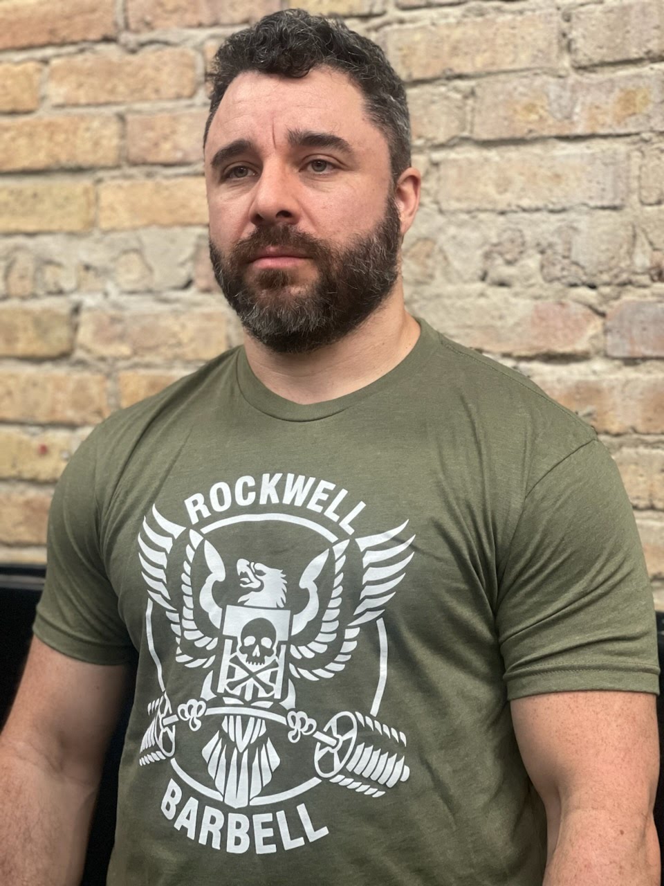 Rockwell Barbell Eagle Logo Shirt (White on Military Green)
