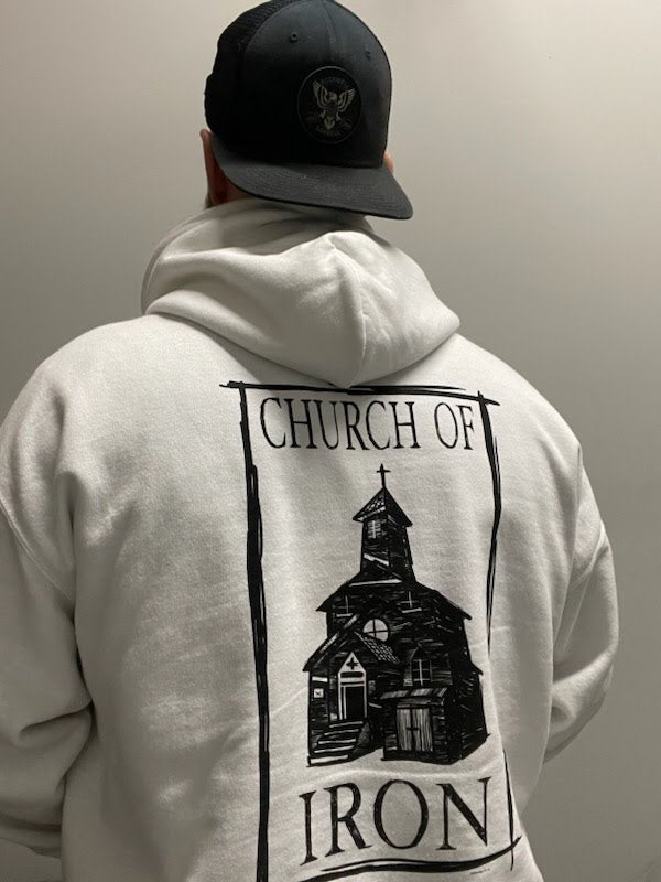 Church Of Iron Hoodie (Black on White)